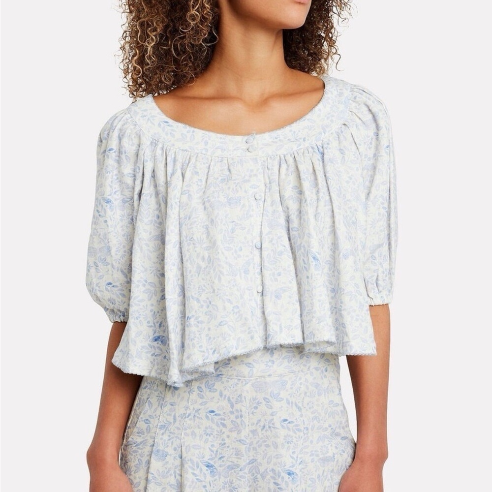 Agua Bendita Linen Atlas Riviera Oversized Crop Top Blue White Printed XS